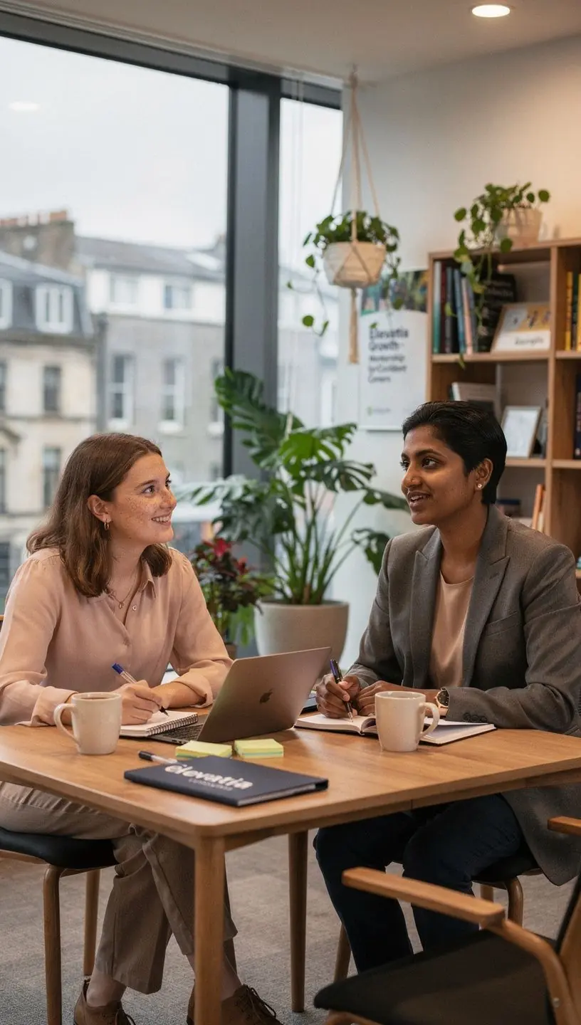A coach guiding an individual in a one-on-one session, focusing on personal development and career goals in a bright office environment.